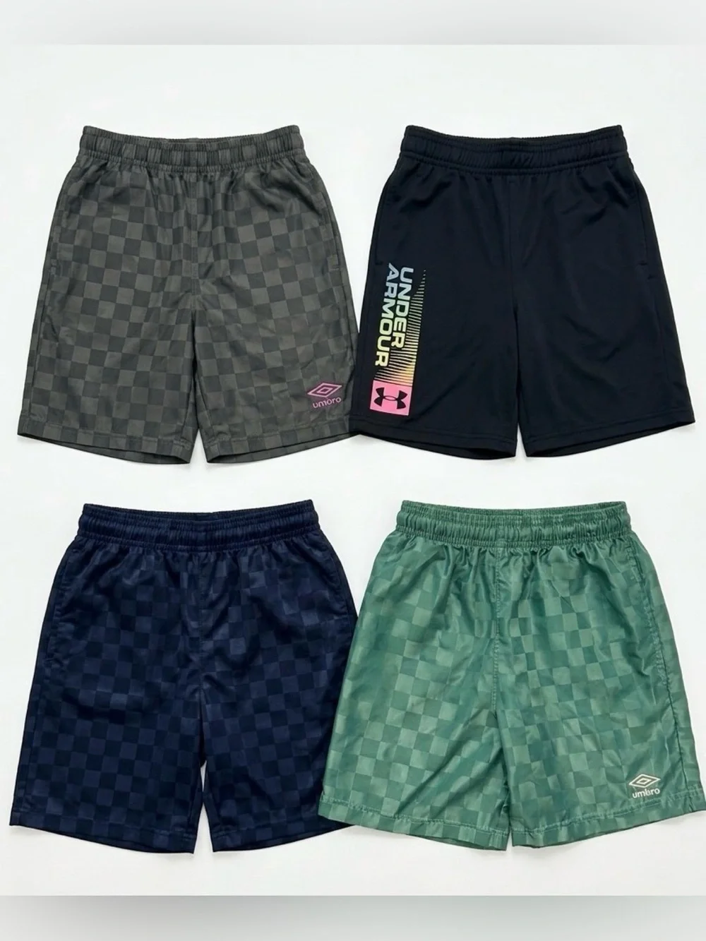 BUNDLE of 4 Umbro boys' athletic  shorts with a embossed retro checkered pattern